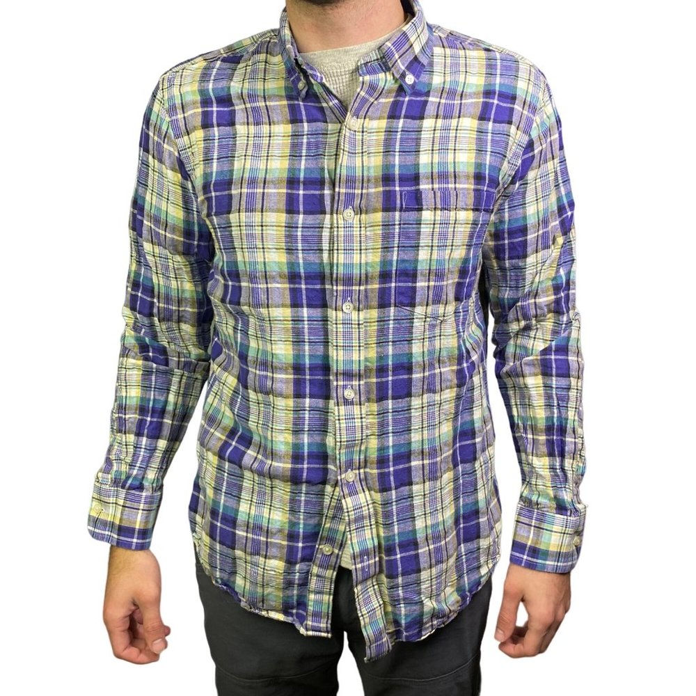 Banana Republic Men's linen cotton button down long sleeve shirt plaid large